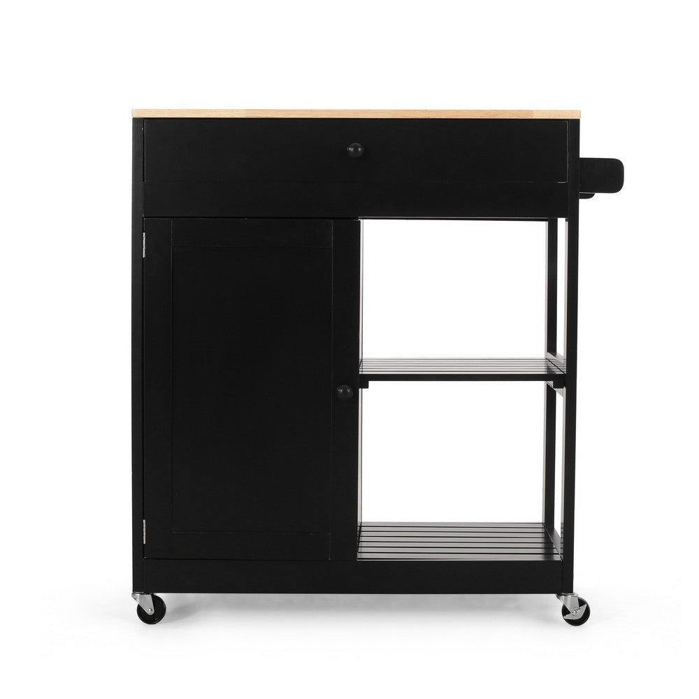 Kitchen Bar Cart with Storage and Towel Holder | 35" Black Wood