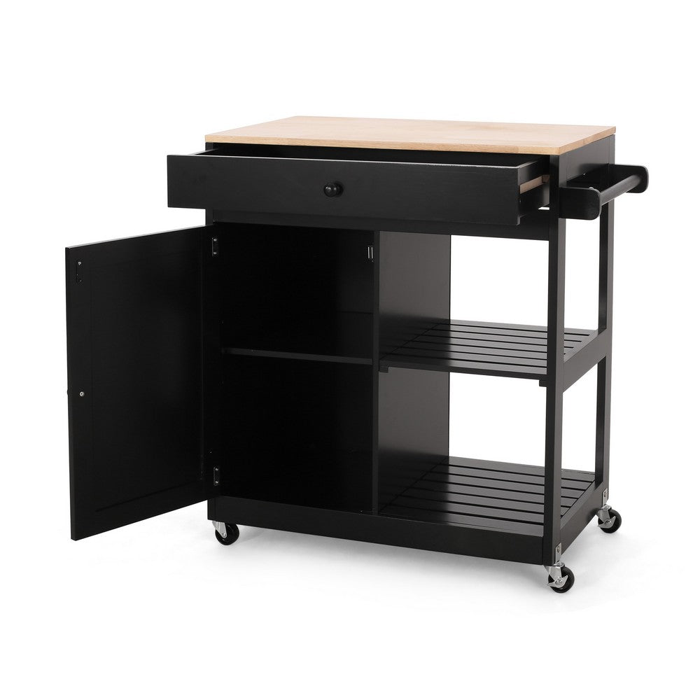 Kitchen Bar Cart with Storage and Towel Holder | 35" Black Wood