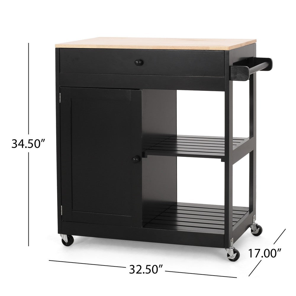 Kitchen Bar Cart with Storage and Towel Holder | 35" Black Wood