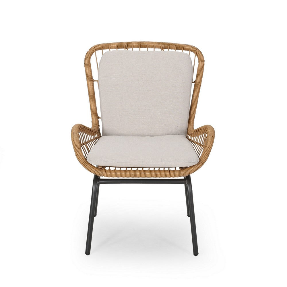 Outdoor Accent Chair Set of 2, White Fabric, Brown Faux Rattan, Black