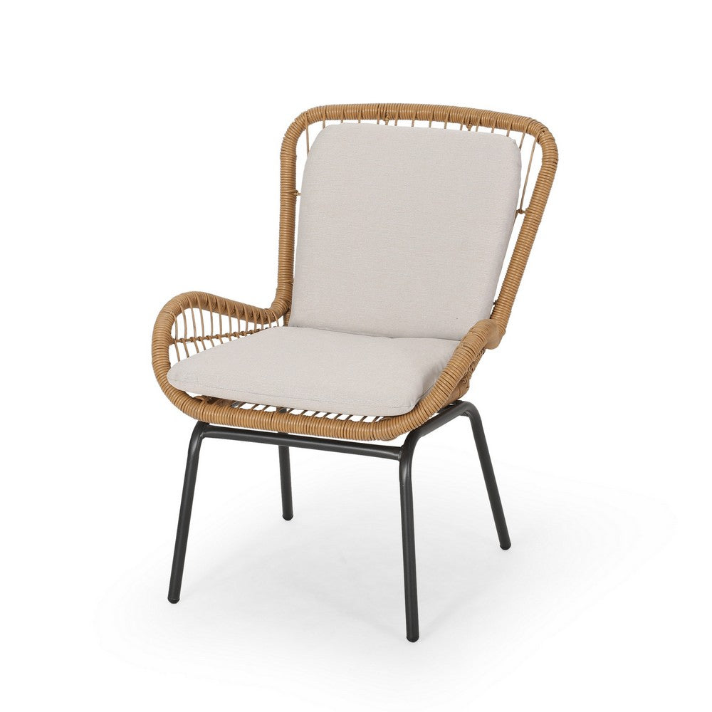 Outdoor Accent Chair Set of 2, White Fabric, Brown Faux Rattan, Black