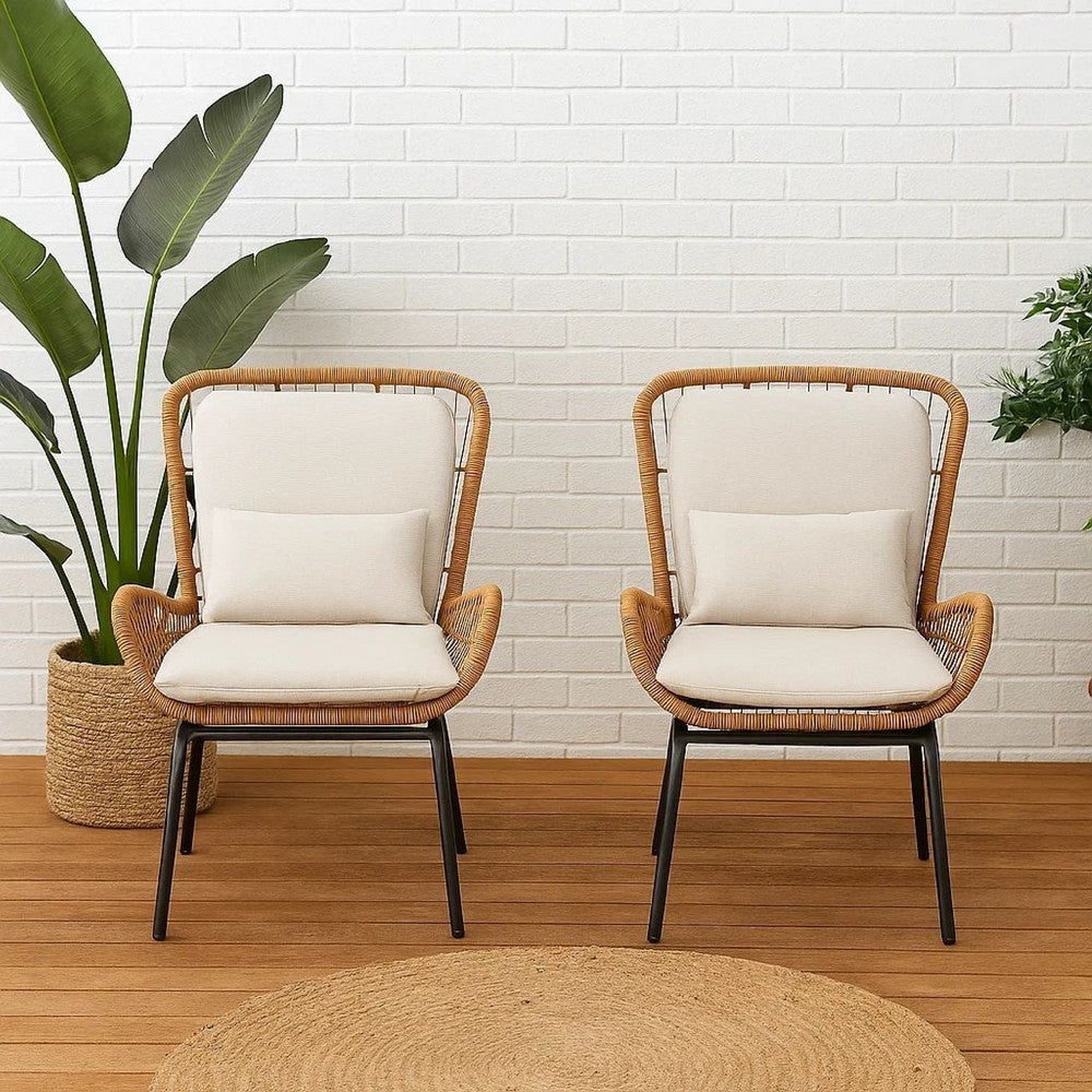 Outdoor Accent Chair Set of 2, White Fabric, Brown Faux Rattan, Black