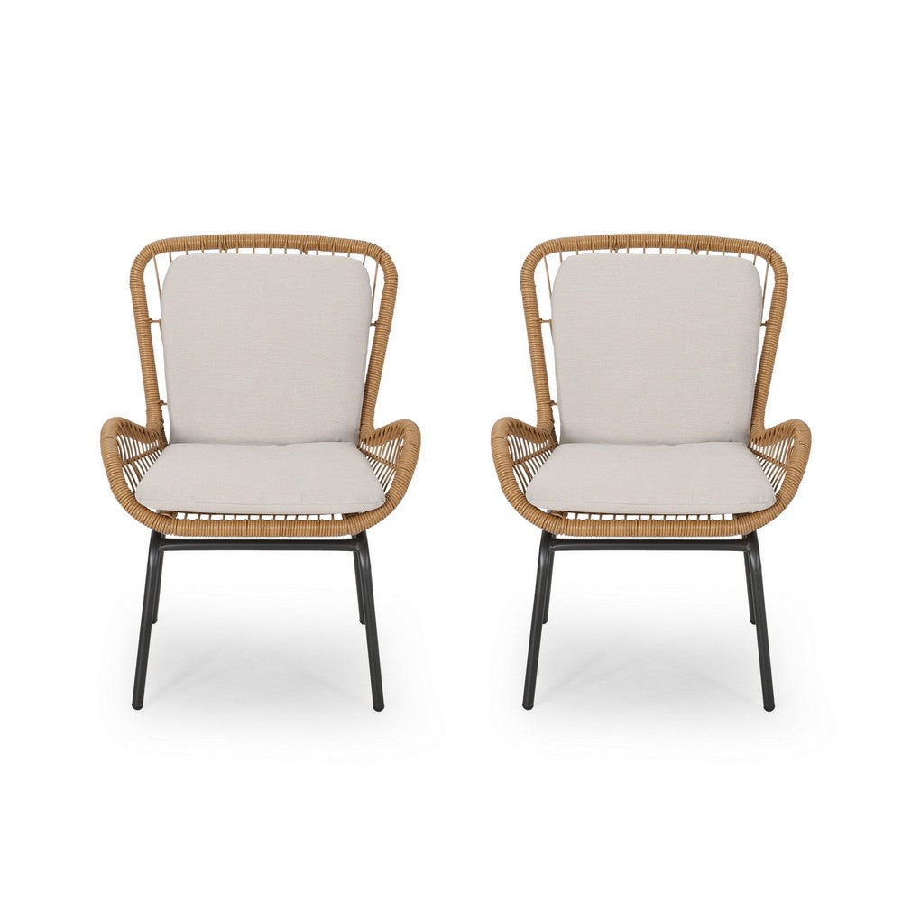 Outdoor Accent Chair Set of 2, White Fabric, Brown Faux Rattan, Black