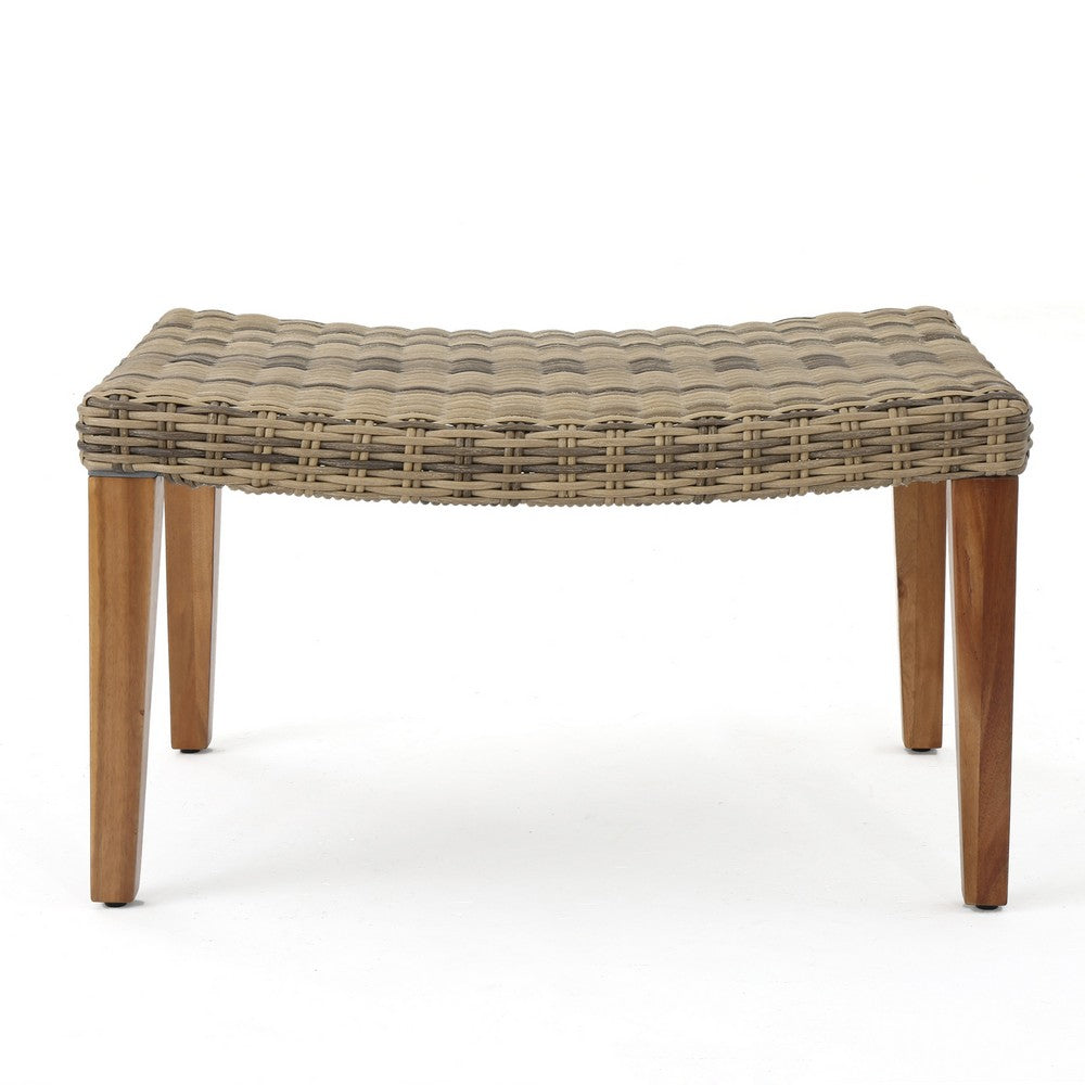 Bops Outdoor Ottoman | Gray Faux Rattan Wicker | Brown Acacia Wood