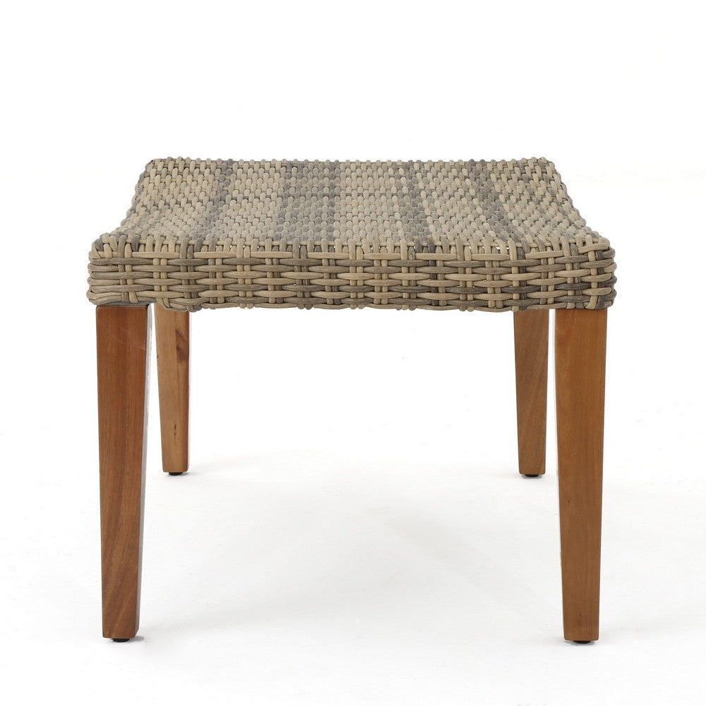 Bops Outdoor Ottoman | Gray Faux Rattan Wicker | Brown Acacia Wood