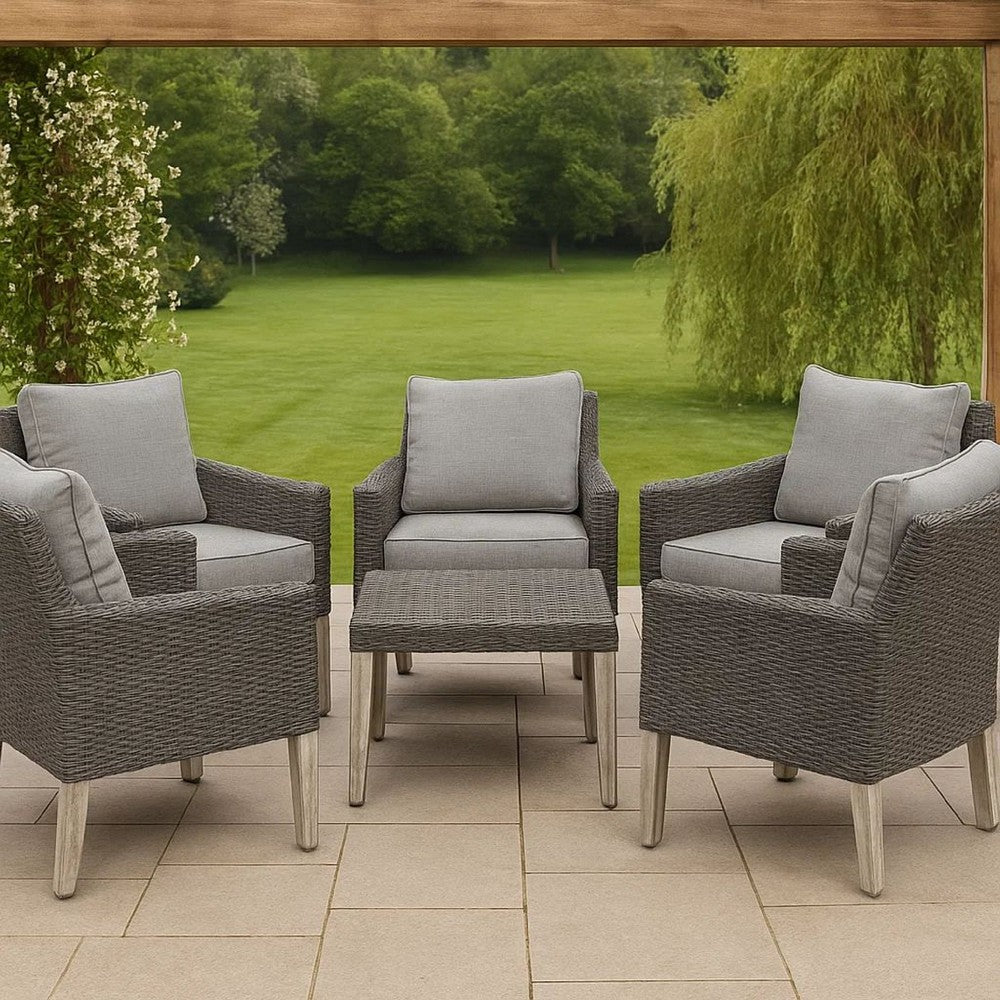 Bops Outdoor Ottoman, Gray Faux Rattan Wicker, 28 Inch Acacia Wood