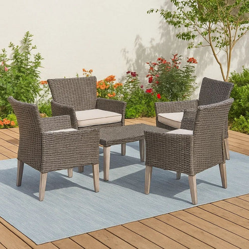 Bops Outdoor Ottoman, Gray Faux Rattan Wicker, 28 Inch Acacia Wood