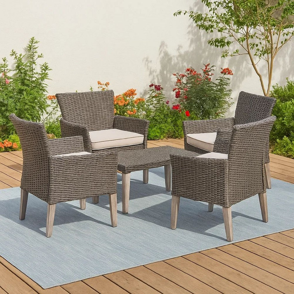 Bops Outdoor Ottoman, Gray Faux Rattan Wicker, 28 Inch Acacia Wood