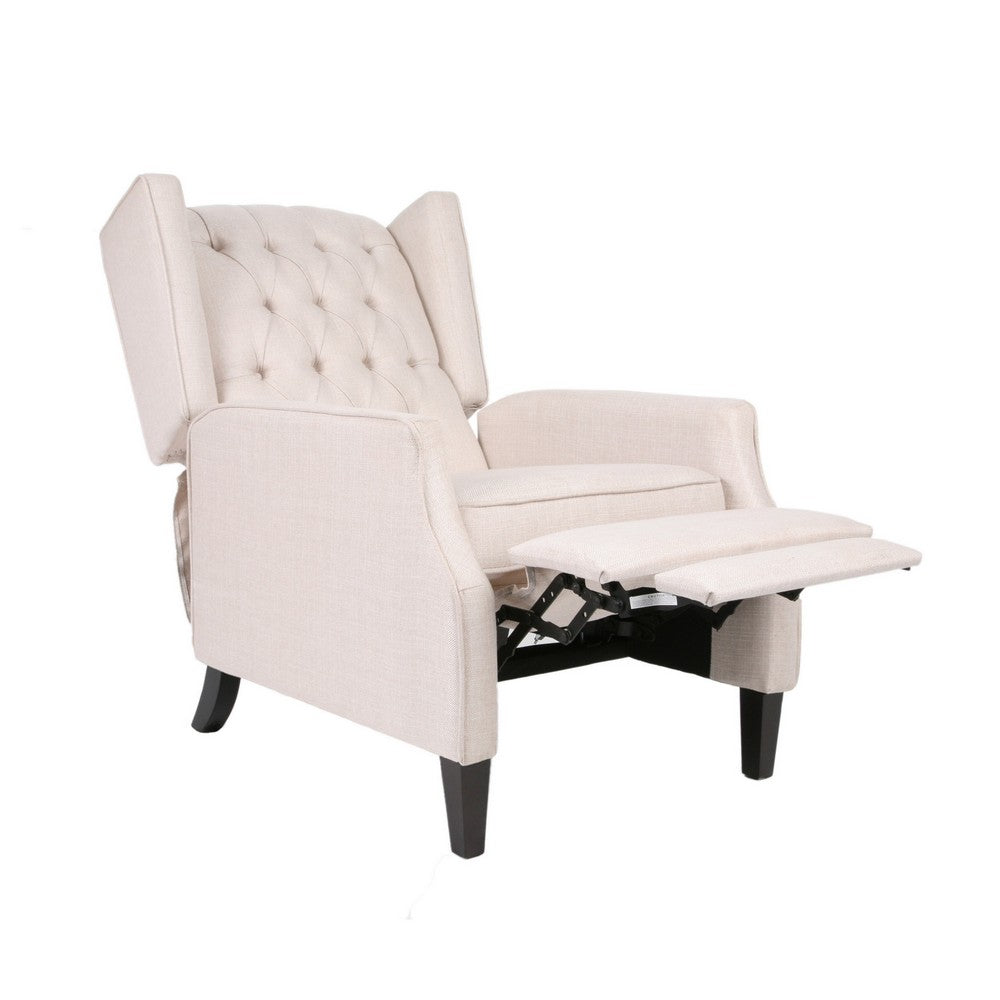 Pushback Recliner Chair | Strutted Legs | Beige Tufted Pleated Fabric