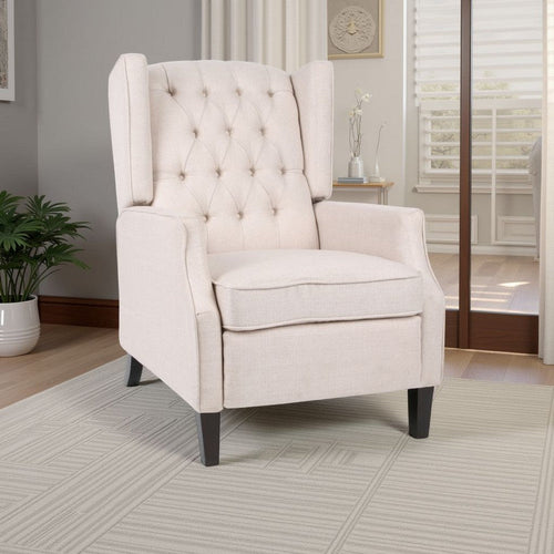 Pushback Recliner Chair, Strutted Legs, Beige Tufted Pleated Fabric