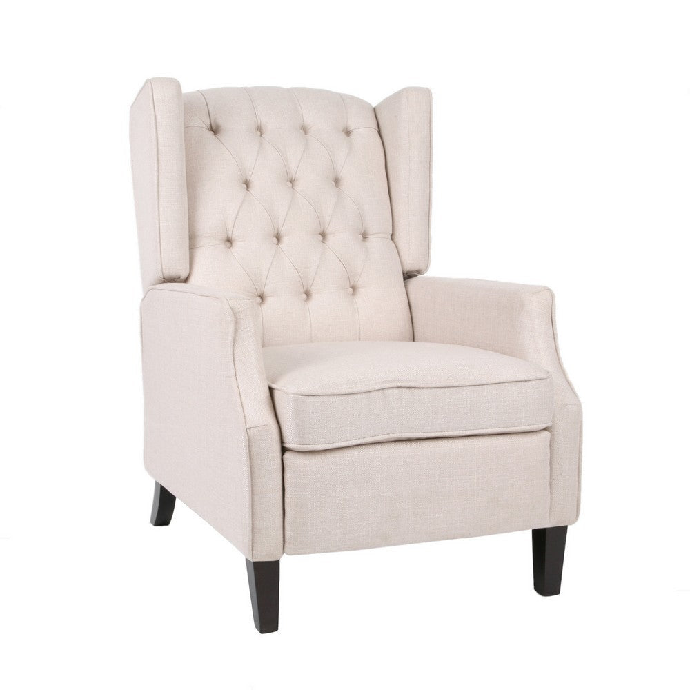 Pushback Recliner Chair, Strutted Legs, Beige Tufted Pleated Fabric