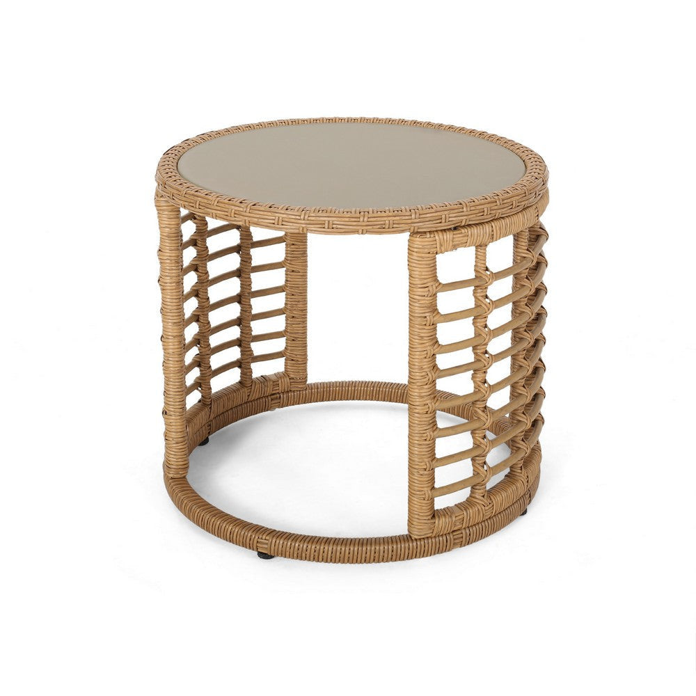Round Side Table, 18 Inch Tempered Glass Top, Steel, Brown Faux Rattan