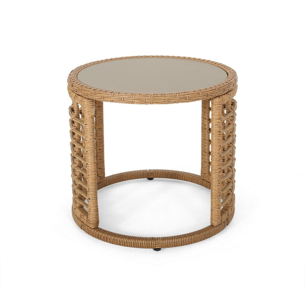 Round Side Table 18 Inch Tempered Glass Top Steel Brown Faux Rattan BM326906