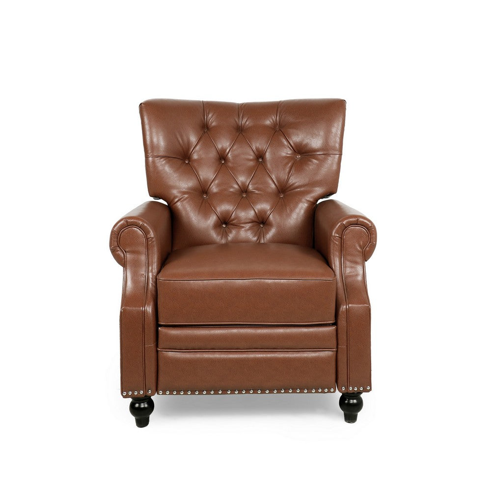 Recliner Chair | Turned Legs | Light Brown Button Tufted Faux Leather