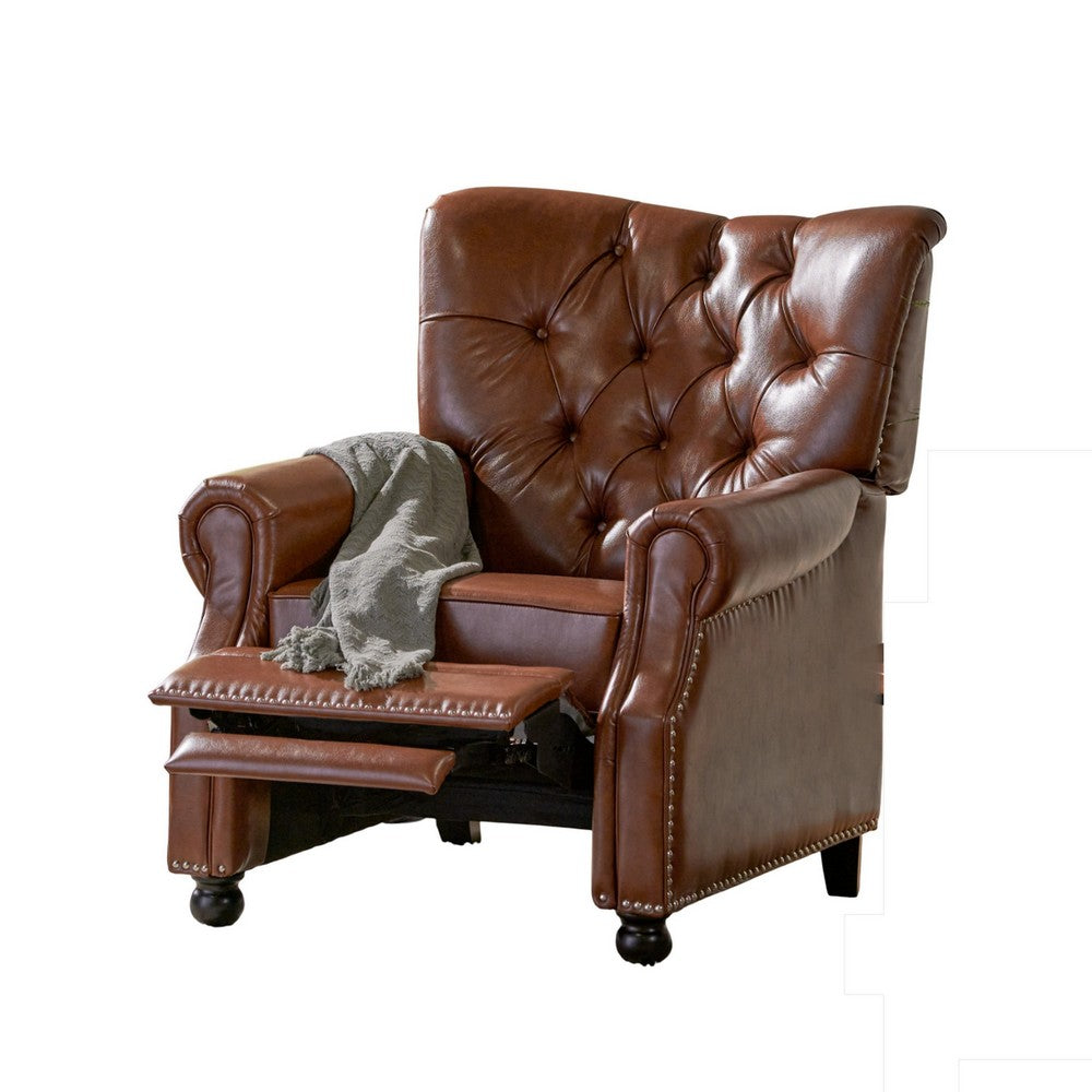 Recliner Chair | Turned Legs | Light Brown Button Tufted Faux Leather