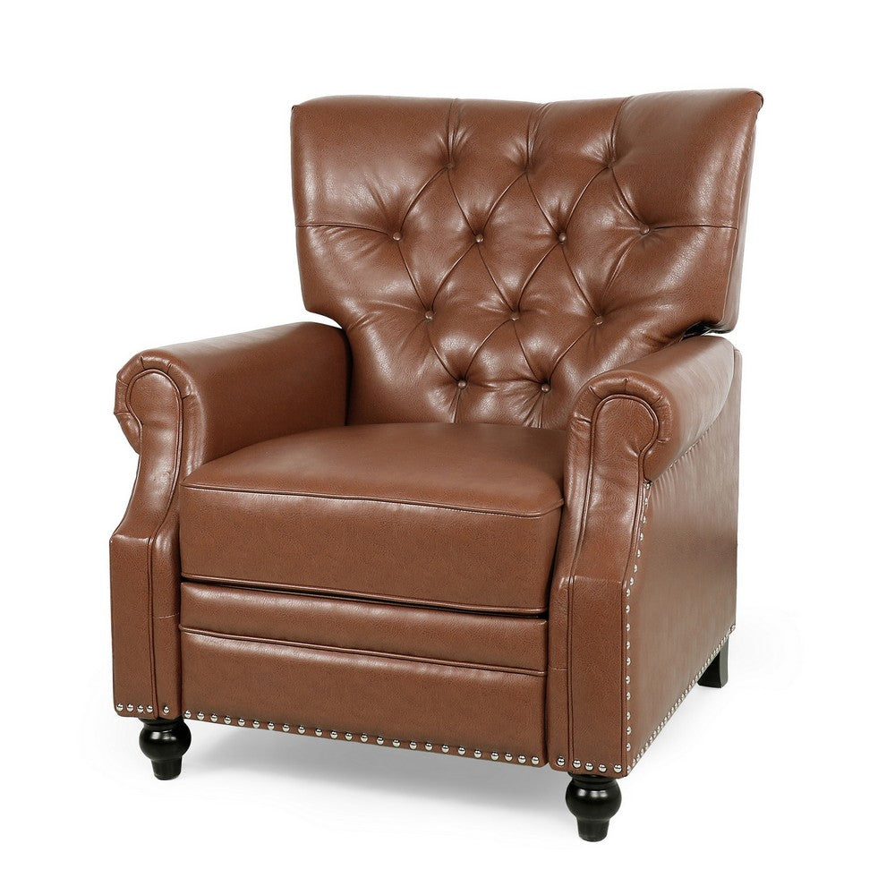 Recliner Chair | Turned Legs | Light Brown Button Tufted Faux Leather
