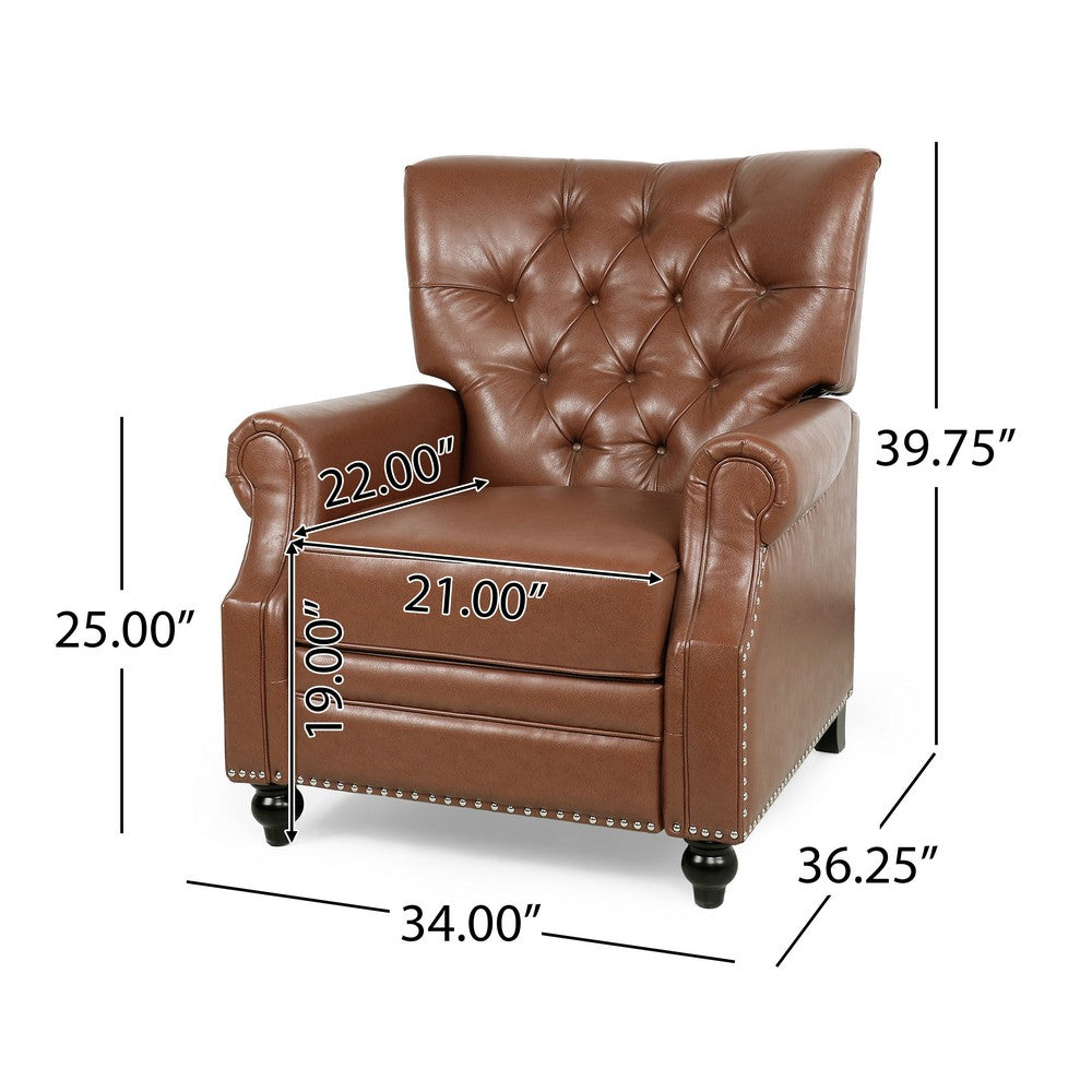 Recliner Chair | Turned Legs | Light Brown Button Tufted Faux Leather