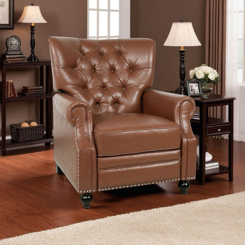 Recliner Chair, Turned Legs, Light Brown Button Tufted Faux Leather