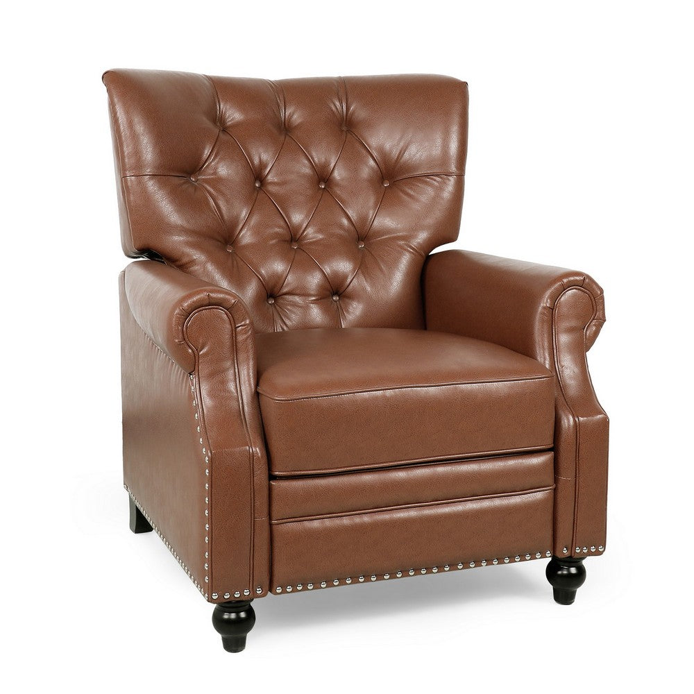 Recliner Chair | Turned Legs | Light Brown Button Tufted Faux Leather