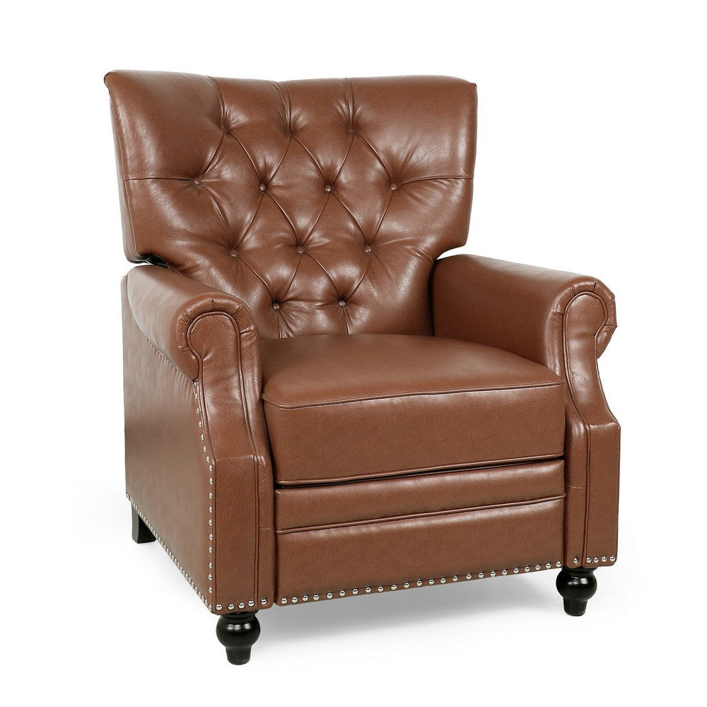 Recliner Chair, Turned Legs, Light Brown Button Tufted Faux Leather