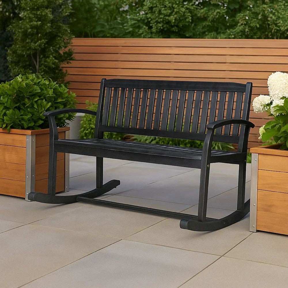 Outdoor Rocking Loveseat Bench Slatted Design | 50" Gray Acacia Wood