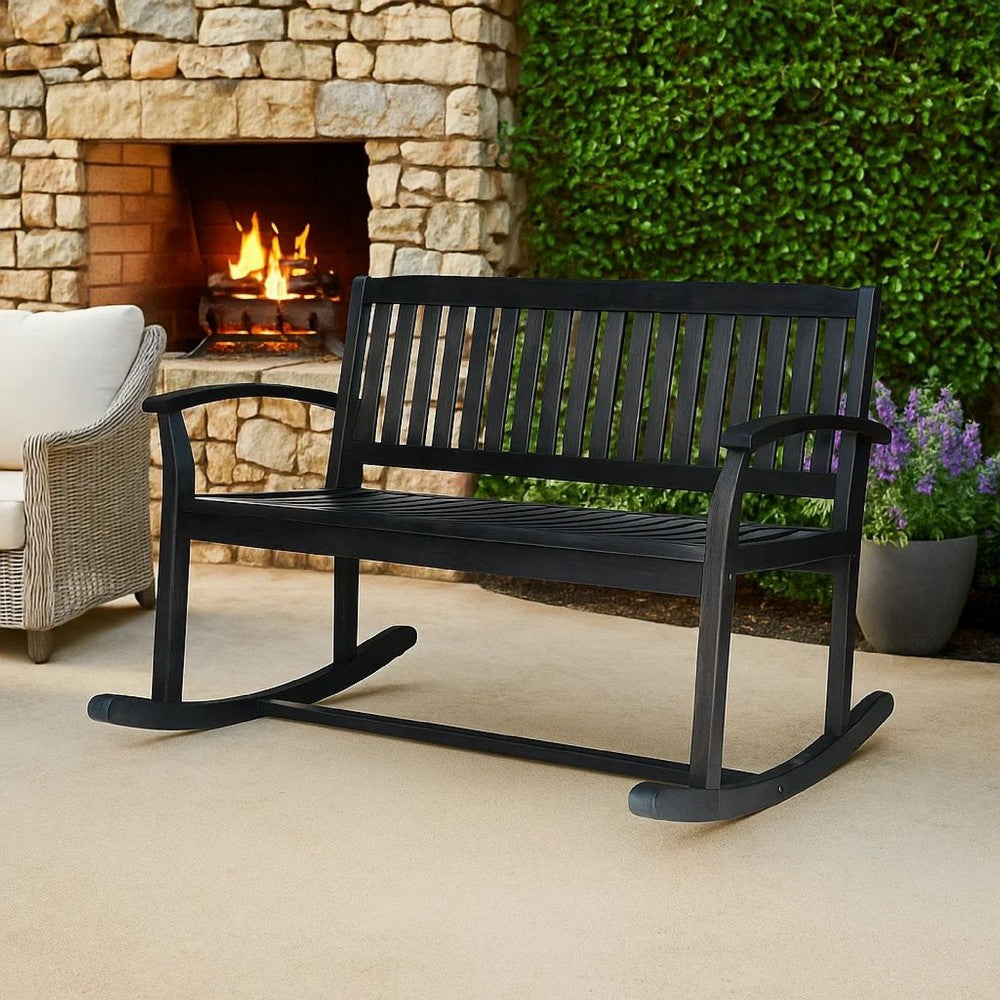 Outdoor Rocking Loveseat Bench Slatted Design | 50" Gray Acacia Wood