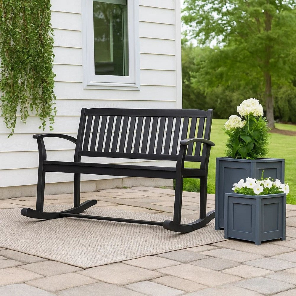 Outdoor Rocking Loveseat Bench Slatted Design | 50" Gray Acacia Wood