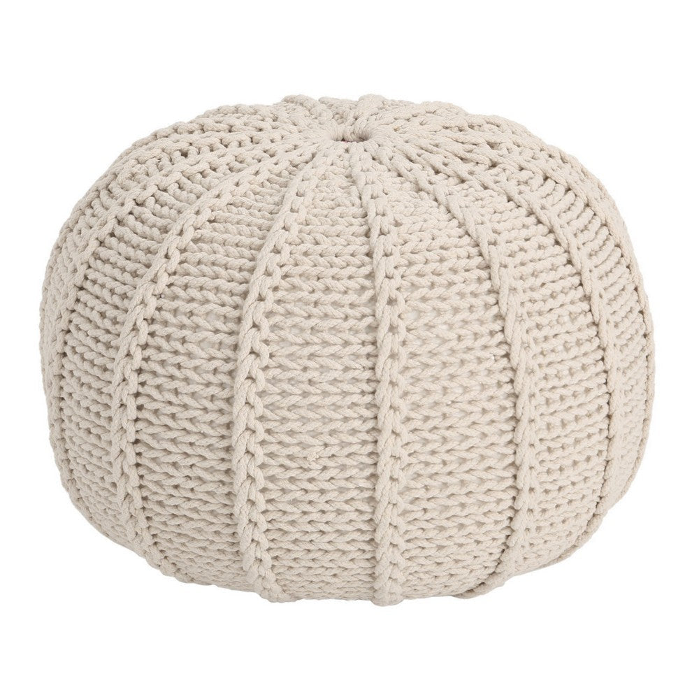 Round Knitted Pouf Ottoman Handwoven Details 20 Inch Beige Cotton BM326917