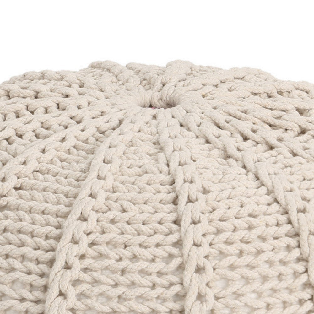 Round Knitted Pouf Ottoman Handwoven Details 20 Inch Beige Cotton BM326917