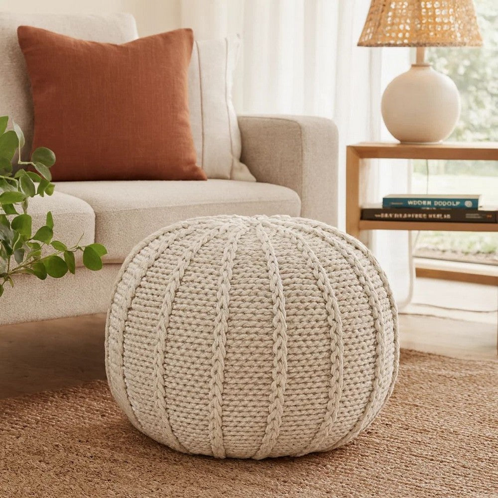 Round Knitted Pouf Ottoman, Handwoven Details, 20 Inch Beige Cotton