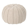 Round Knitted Pouf Ottoman, Handwoven Details, 20 Inch Beige Cotton