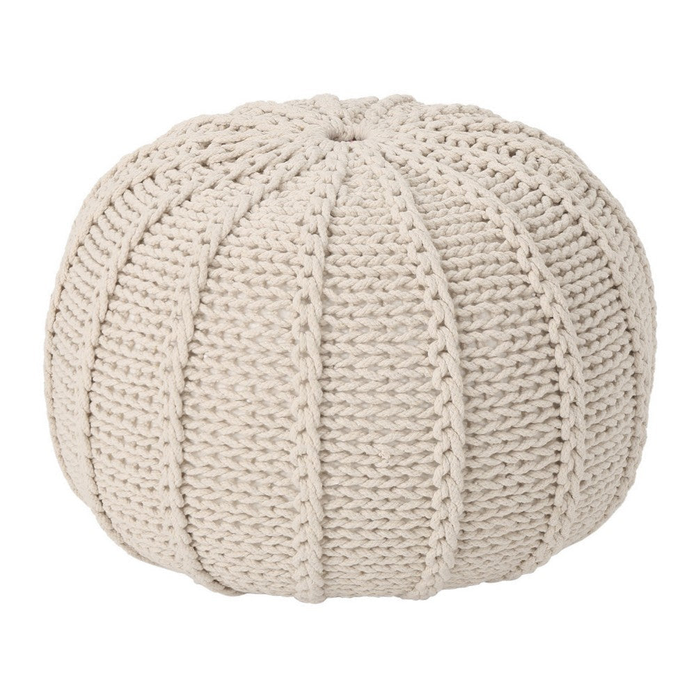 Round Knitted Pouf Ottoman, Handwoven Details, 20 Inch Beige Cotton