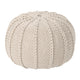 Round Knitted Pouf Ottoman, Handwoven Details, 20 Inch Beige Cotton