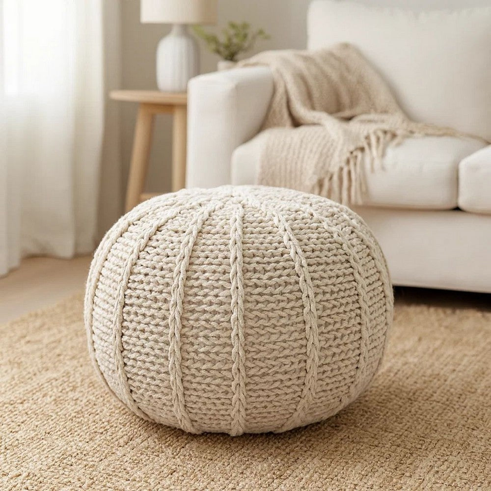 Round Knitted Pouf Ottoman, Handwoven Details, 20 Inch Beige Cotton