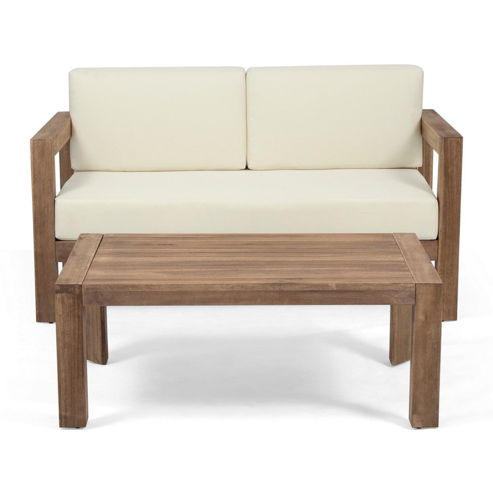 Outdoor Loveseat and Coffee Table Set Beige Fabric Brown Acacia Wood BM326918