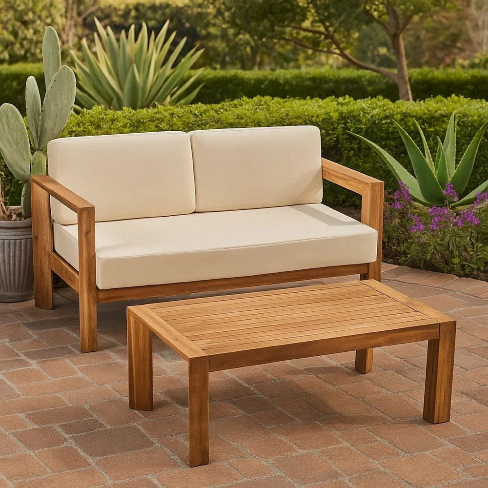 Outdoor Loveseat and Coffee Table Set, Beige Fabric, Brown Acacia Wood
