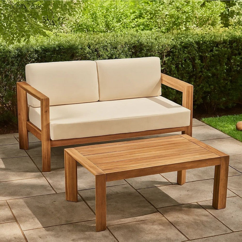 Outdoor Loveseat and Coffee Table Set, Beige Fabric, Brown Acacia Wood