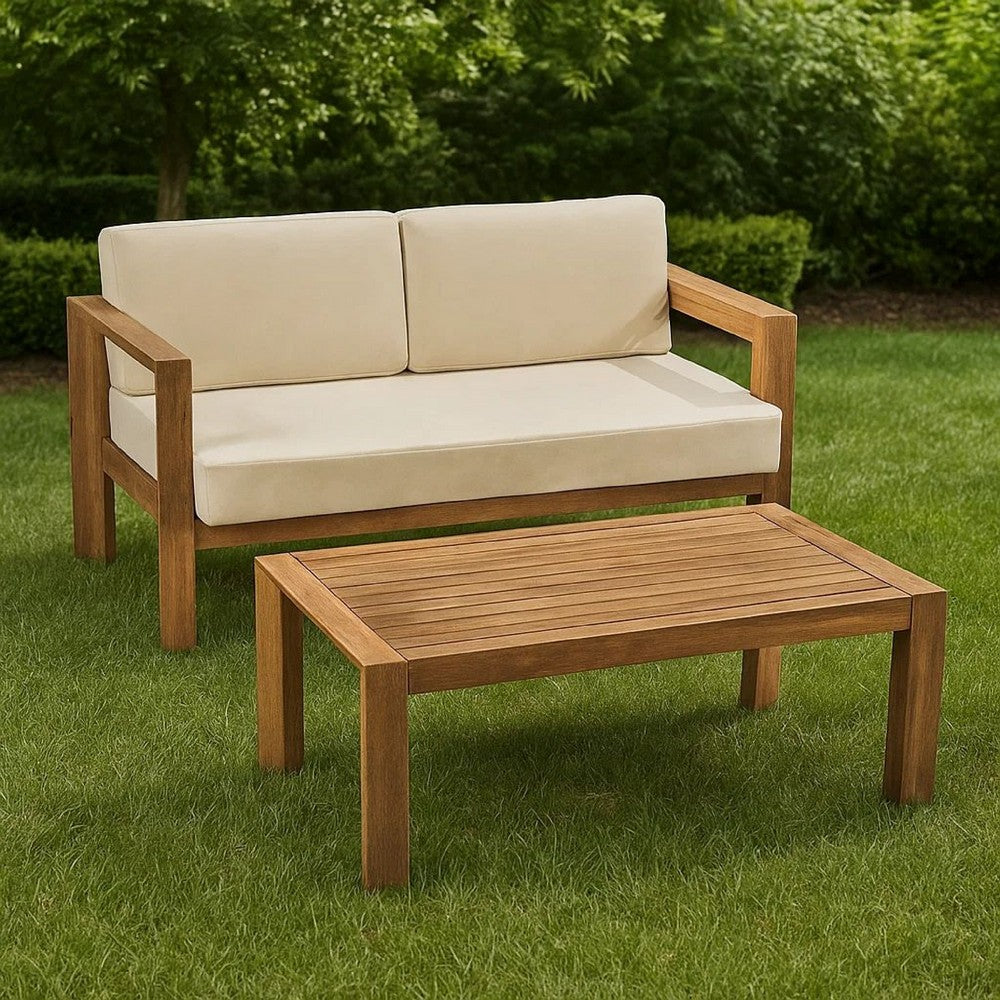 Outdoor Loveseat and Coffee Table Set, Beige Fabric, Brown Acacia Wood