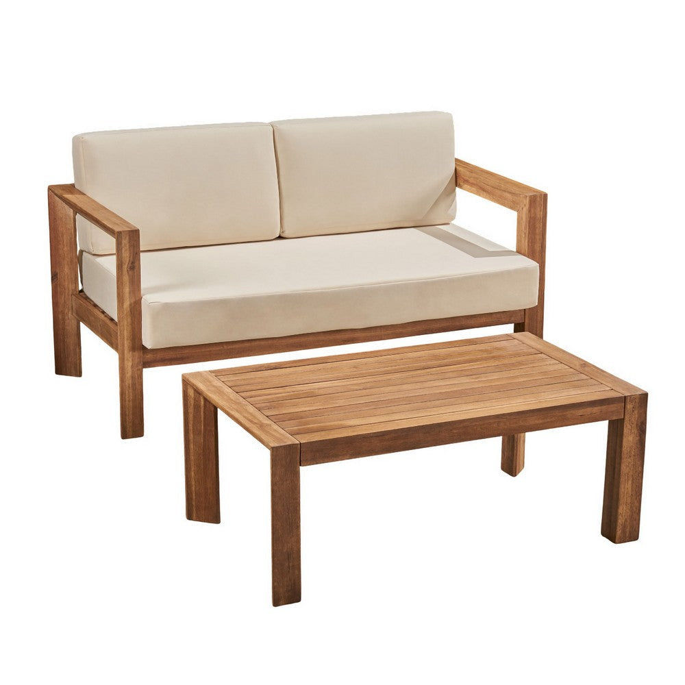 Outdoor Loveseat and Coffee Table Set, Beige Fabric, Brown Acacia Wood