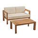 Outdoor Loveseat and Coffee Table Set, Beige Fabric, Brown Acacia Wood