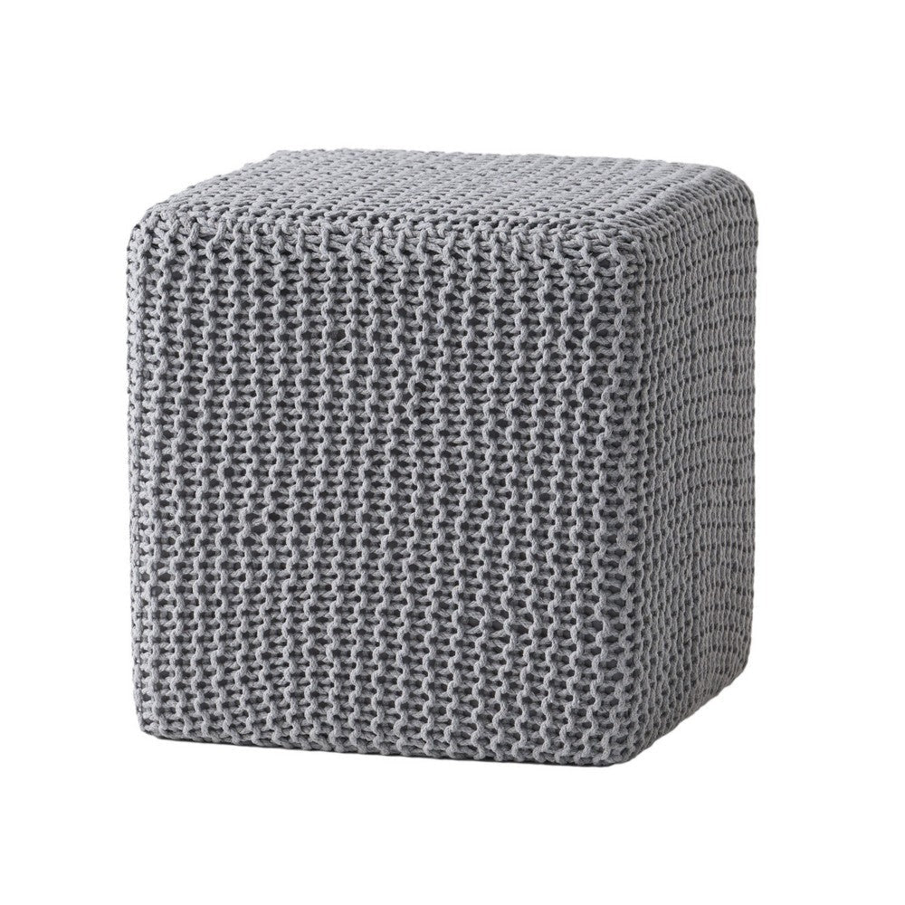 Square Knitted Footstool Ottoman, Handwoven Design 17 Inch Gray Cotton