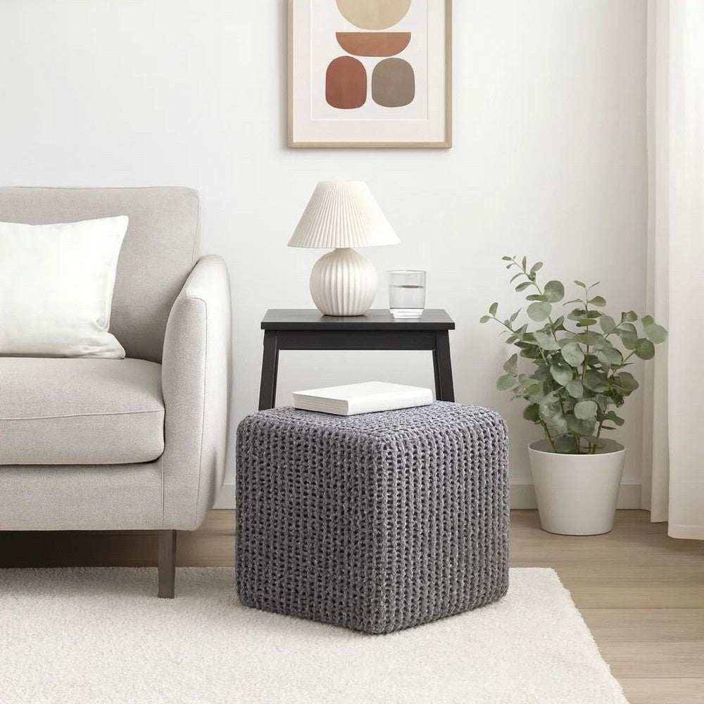 Square Knitted Footstool Ottoman, Handwoven Design 17 Inch Gray Cotton