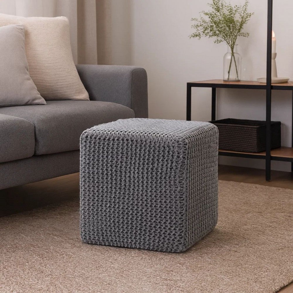 Square Knitted Footstool Ottoman, Handwoven Design 17 Inch Gray Cotton