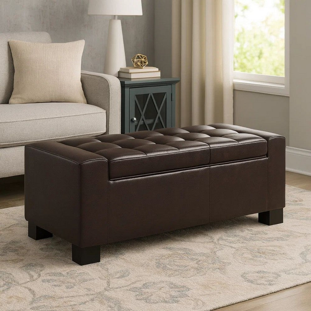 Liani Ottoman Bench, Storage Top, 50 Inch Dark Brown Bonded Leather