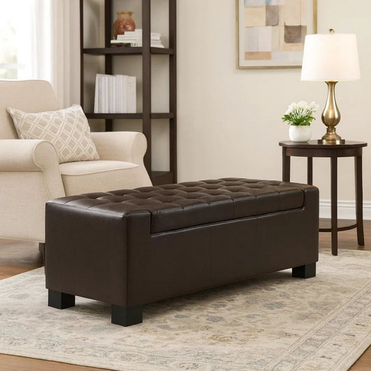 Liani Ottoman Bench, Storage Top, 50 Inch Dark Brown Bonded Leather