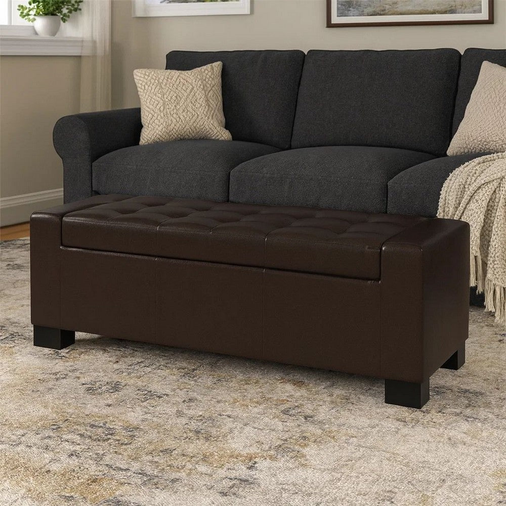 Liani Ottoman Bench | Storage Top | 50" Dark Brown Bonded Leather
