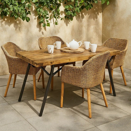 Patio Coffee Table, Slatted Top, Brown Iron, 50 Inch Teak Brown Acacia