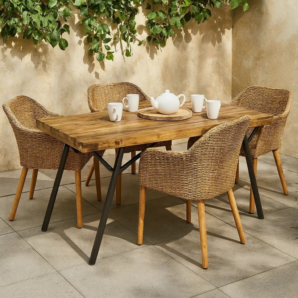 Patio Coffee Table, Slatted Top, Brown Iron, 50 Inch Teak Brown Acacia