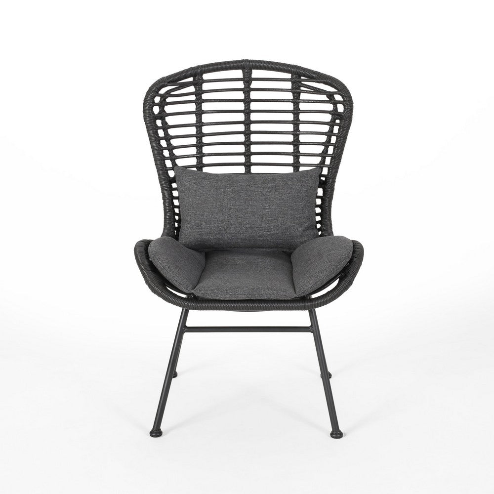 Outdoor Round Accent Chair Set of 2, Gray Faux Rattan, Black Iron
