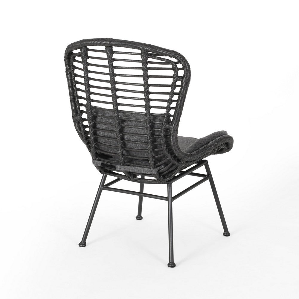 Outdoor Round Accent Chair Set of 2, Gray Faux Rattan, Black Iron